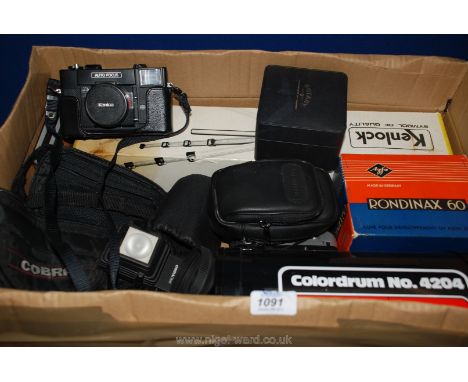 A box of Photographic Equipment including Tripod, Cameras, Flash and Darkroom Equipment plus a Rotary watch (glass a/f)