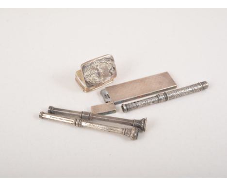 Small silver snuff box, cast Art Nouveau style decoration, 3cm, three metal propelling pencils and a slim line lighter, (5).