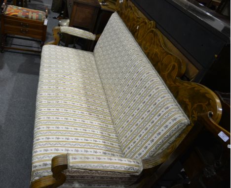 Continental walnut and marquetry sofa, shaped cresting, back, seat and arms upholstered in Regency stripe legs, width 178cm.