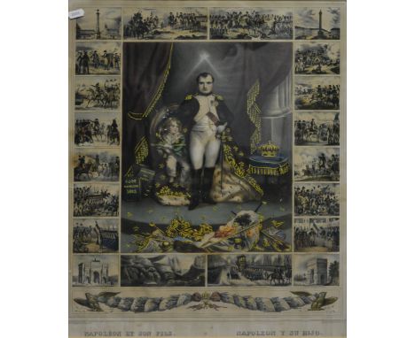 Napoleon:  Napoleon et Son Fils, hand coloured lithograph, visible, 57cm x 43cm, a portrait print of Napoleon and another por