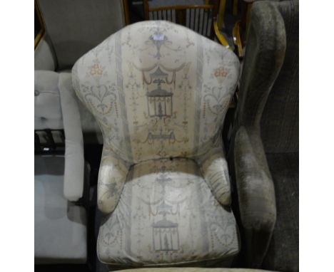 Nursing chair, upholstered in cotton print, 100cm and an upholstered footstool, oak legs, (2).