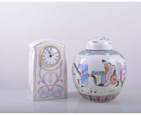 Masons china mantel clock, Celtic style decoration, 20cm and a Chinese ginger jar decorated in famille rose enamels, (2).