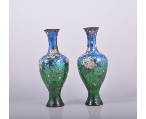 Japanese Cloisonne two handled vase, decorated with flowers and butterflies, 14cm, a pair of Cloisonne vases and a pair of en