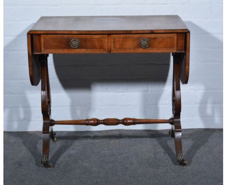 Reproduction mahogany sofa table, D shape leaves, crossbanding and stringing, fitted with two frieze drawers, lyre shape ends