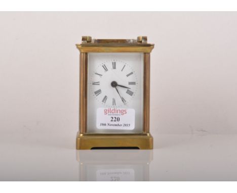 French brass cased carriage clock, white enamel dial, platform escapement, 12cm.