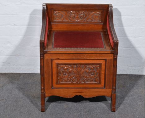 Late Victorian mahogany seat commode, carved decoration, box seat upholstered in wine coloured dralon, width 51cm.