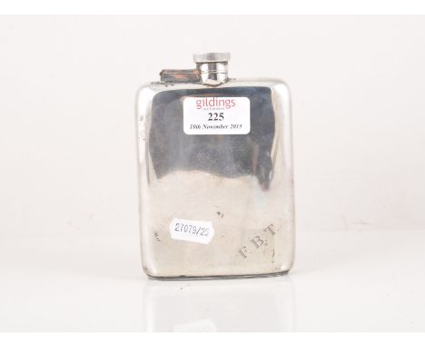 Silver hip flask, Birmingham 1920, engraved initials, 14cm and a plated hip flask/cigarette case, (2).