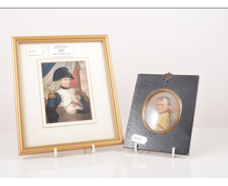 Oval portrait miniature, Emperor Napoleon, painted over a print foundation, lacquered frame, 13cm x 10cm overall and a Baxter
