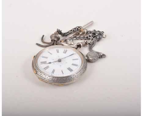 Continental white metal fob watch, white enamel dial, key wind lever movement, 4.2cm with an albert.