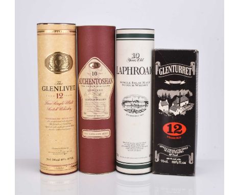 Four bottles of single malt Scotch whisky: Glenturret 12 years old, 75cl; Glenlivet 12 years old, 70cl; Auchentoshan 10 years