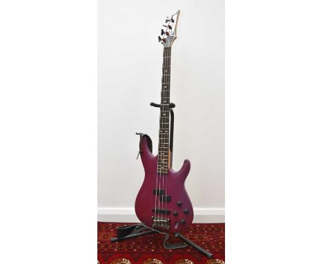Ibanez Electric Bass Guitar, 1990sBody: Solid, pearlescent purpleNeck: MapleFingerboard: Rosewood, inlaid pearloid markers, 2