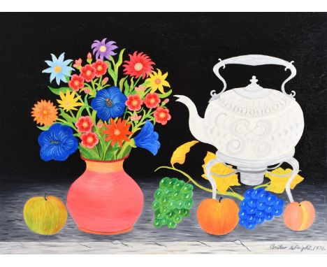 Arthur Wright (1904-1981) Still Life Study of Country Flowers in a Pink Vase, with teapot, grapes and applies, signed and dat