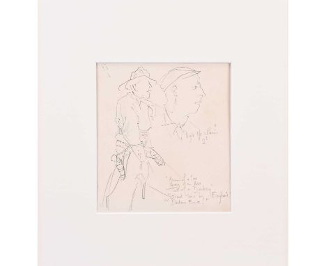 Barbara Jones (1912-1978) Double Sided Sketch, one side showing an annotated drawing of a cowboy and a man in a flatcap, the 