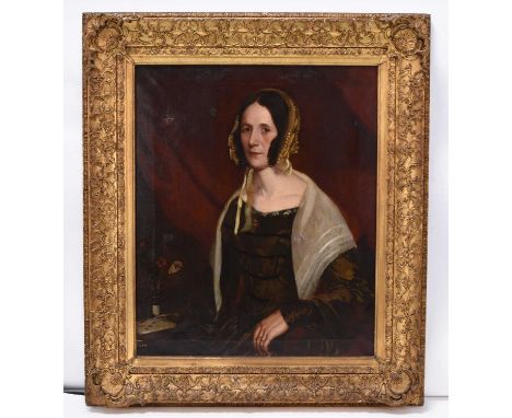 Attributed to George Frederick Watts (1817-1904) Portrait of a Lady, half length, wearing cap and shawl, initials etched lowe