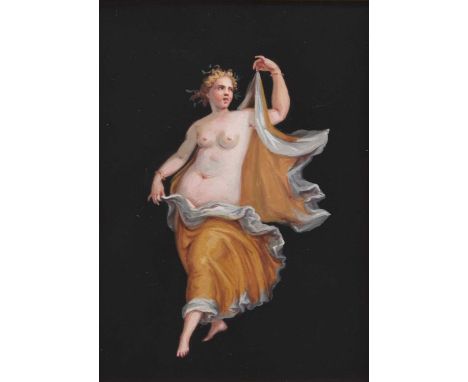 A Pair of Classical Summer Maidens, one holding her billowing golden wrap, the other holding a tambourine and a wand in her l