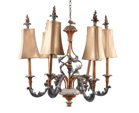 A composite six-branch chandelierIn the Baroque style, the knopped stem issuing six S-scroll branches cast as acanthus leaves