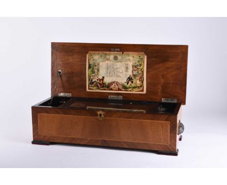 A Swiss inlaid walnut cased music boxPlaying ten airs.58cm wide x 23cm deep x 17cm highCondition:Case fair with some minor si