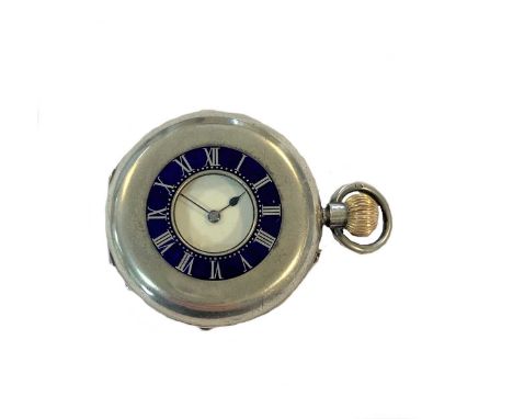 circa 1904, spring-loaded outer cover hinged at 9 o'clock, (hinge pin snapped) with Roman numerals over a blue enamel chapter