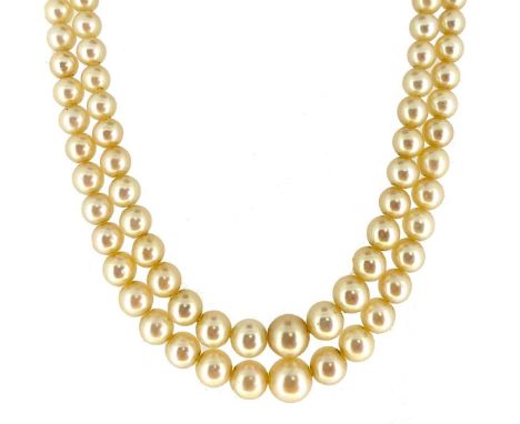two rows of graduating light cream, slightly off-round cultured pearls, graduating from 5.2 to 8.8mm, strung knotted to a clu