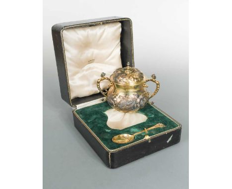 the porringer with mark of C S Harris & Sons Ltd., London 1912, of typical baluster form, lower decorated with repoussé fruit
