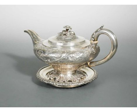 mark of Benjamin Smith III, London 1834, the teapot of compact circular form, upper lavishly decorated with repoussé foliage 