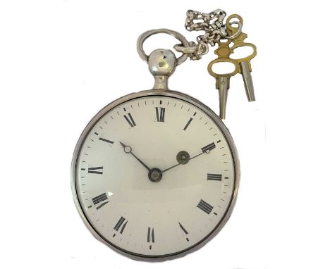 circa 1850, the white dial, 50mm diameter, with black Arabic numerals, blued moon hands, outer baton minute track and winding