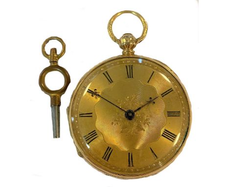 circa 1864, the gilt floral dial, 38mm diameter, with black Roman numerals, blued fleur de lys hands and gold coloured dot mi