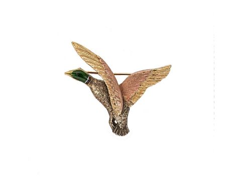 realistically cast and in the form of a mallard duck in flight with white gold textured body, yellow and rose gold textured w