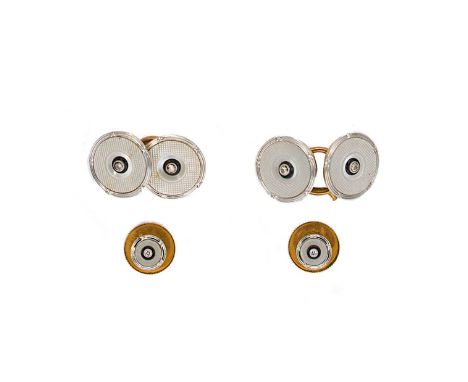 the shirt studs with probable conversion to cufflinks, each link set with an engine turned mother of pearl round panel set wi