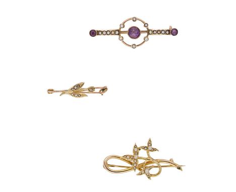 first, an amethyst and split pearl target style bar brooch with amethyst terminations, length 4.2cm, pin and hook fitting wit