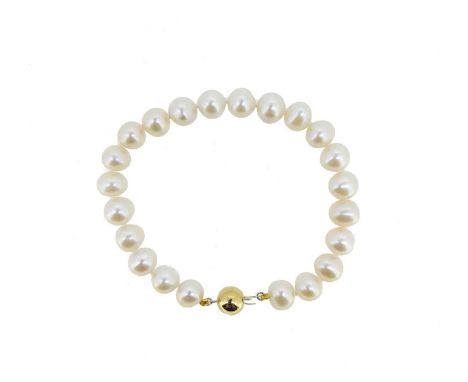 twenty two off-round light cream freshwater cultured pearls, approximate diameter from 7.7 to 8.5mm, length 19cm, strung knot
