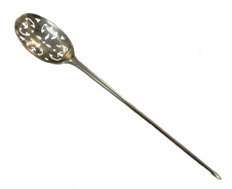marks indecipherable, oval pierced bowl and tapering handle with pointed finial, 15cm overall length, 0.3oztFootnote: The wor