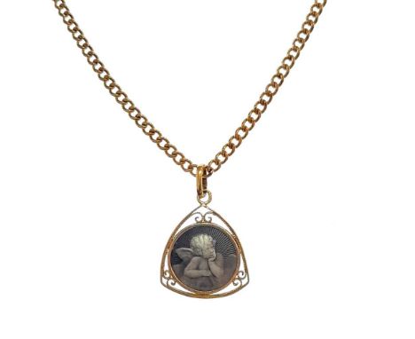 triangular shaped pierced pendant with a central circular grey guilloché enamel double-sided plaque depicting to one side a c