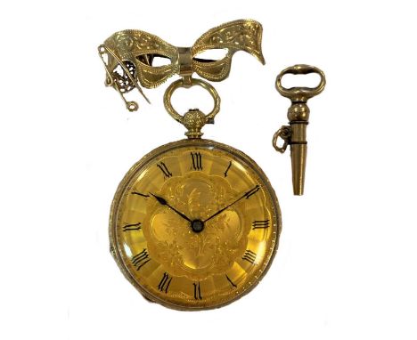 circa 1880, the unsigned gilt floral dial, 30mm diameter, with black Roman numerals, blued spade hands and gold coloured dot 