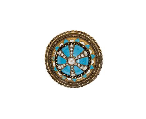 domed central section set with graduated split pearls separated by tapered panels of blue enamel, surrounded by a border of b
