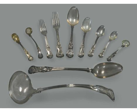 'Kings' pattern with shell back, monogrammed, comprising 12 table forks (4 with mark of Charles Boyton (II), London 1868, 3 w