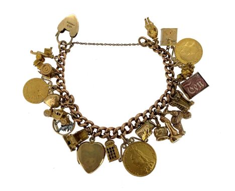 graduated plain curb linked bracelet, supporting twenty assorted 9ct and 14ct gold charms, including a full sovereign dated 1