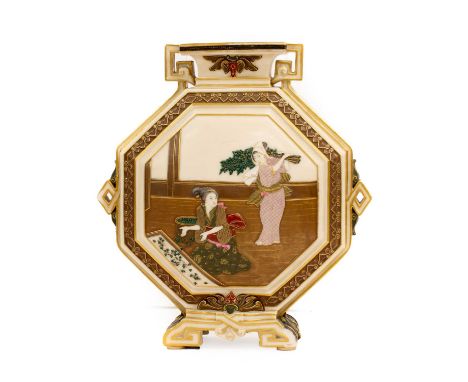 A Royal Worcester porcelain Japanesque vase, circa 1870, of bombé octagonal form with Greek Key handles, modelled in relief, 