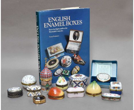 Two Limoges bonbonieres formed as sliced fruit, together with a modern boxed Bilston and Battersea Enamels box, a Staffordshi