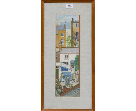 Barbara Dunhill (20th century) ''Between the Houses, Portobello Road''Inscribed to artists label verso, gouache; together wit