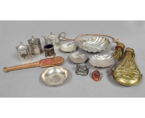 A Collection of Silver, Silver Plate and Other Items, including: a silver condiment-set; shell-shaped dishes; an amber netsuk