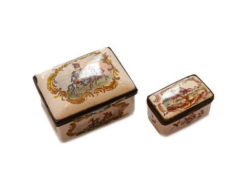 An 18th century South Staffordshire enamel snuff box, decorated to the cover with three military figures on horseback under a