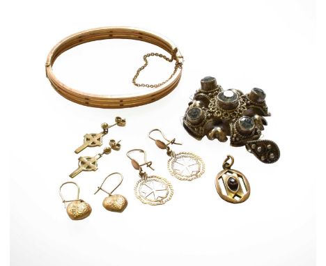 A triple row hinged bangle, stamped '9CT', inner measurements 5.7cm by 4.8cm; two pairs of 9 carat gold drop earrings; two pa