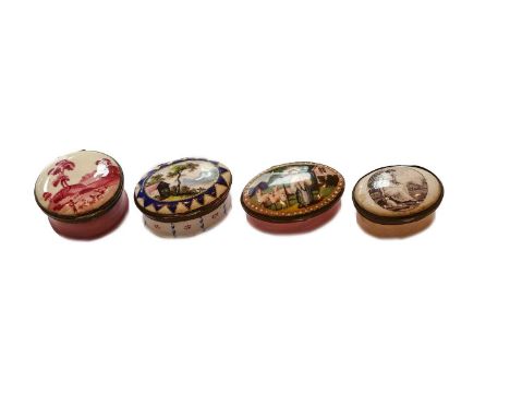 An 18th century South Staffordshire enamel navette formed patch box painted with a shepherdess, together with a further three