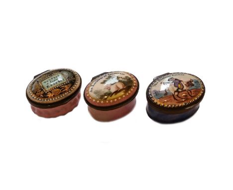 Three 18th century South Staffordshire enamel patch boxes, one decorated and inscibed for 'the Cheshire Farmer', another 'An 