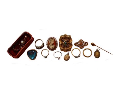 A collection of jewellery including a dimaond five stone ring, finger size O; a diamond solitaire ring, finger size K; four f