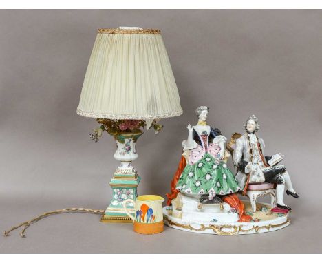 Assorted items, including: a Capodimonte figure group of a lady and gent, a Clarice Cliff crocus pattern jug, a Sevres style 