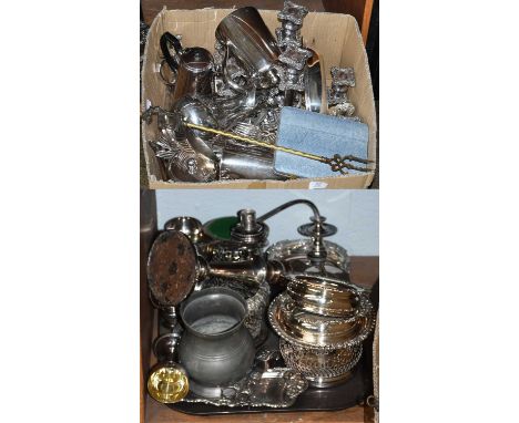 A collection of assorted silver plate, including: a pair of three-light candelabra, the bases of each stamped with foliage; v