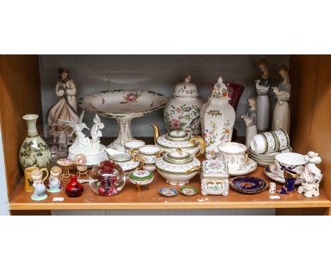 A Royal Doulton flambe vase, Lladro figures, pair of Wade figures ''tweedle dum and tweedle dee'', Aynsley, etc (one shelf) 