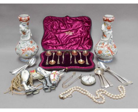 Cased set of silver spoons, loose silver, Kutani vases, Victorian walnut desk stand, simulated pearls, Sekonda stopwatch, vin